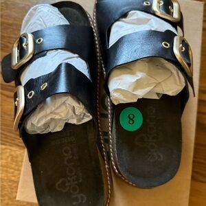 Black Leather Sandals with Gold Buckles